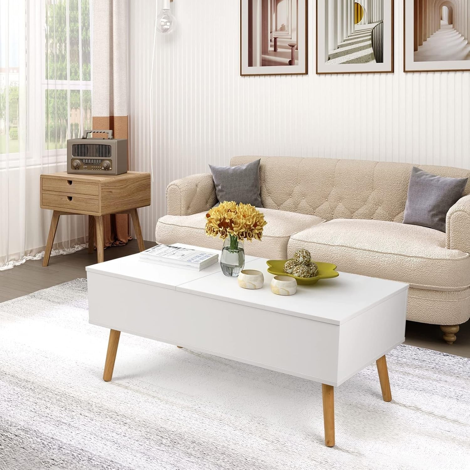 White Lift Top Coffee Table with Hidden Storage & Dual Work Surfaces