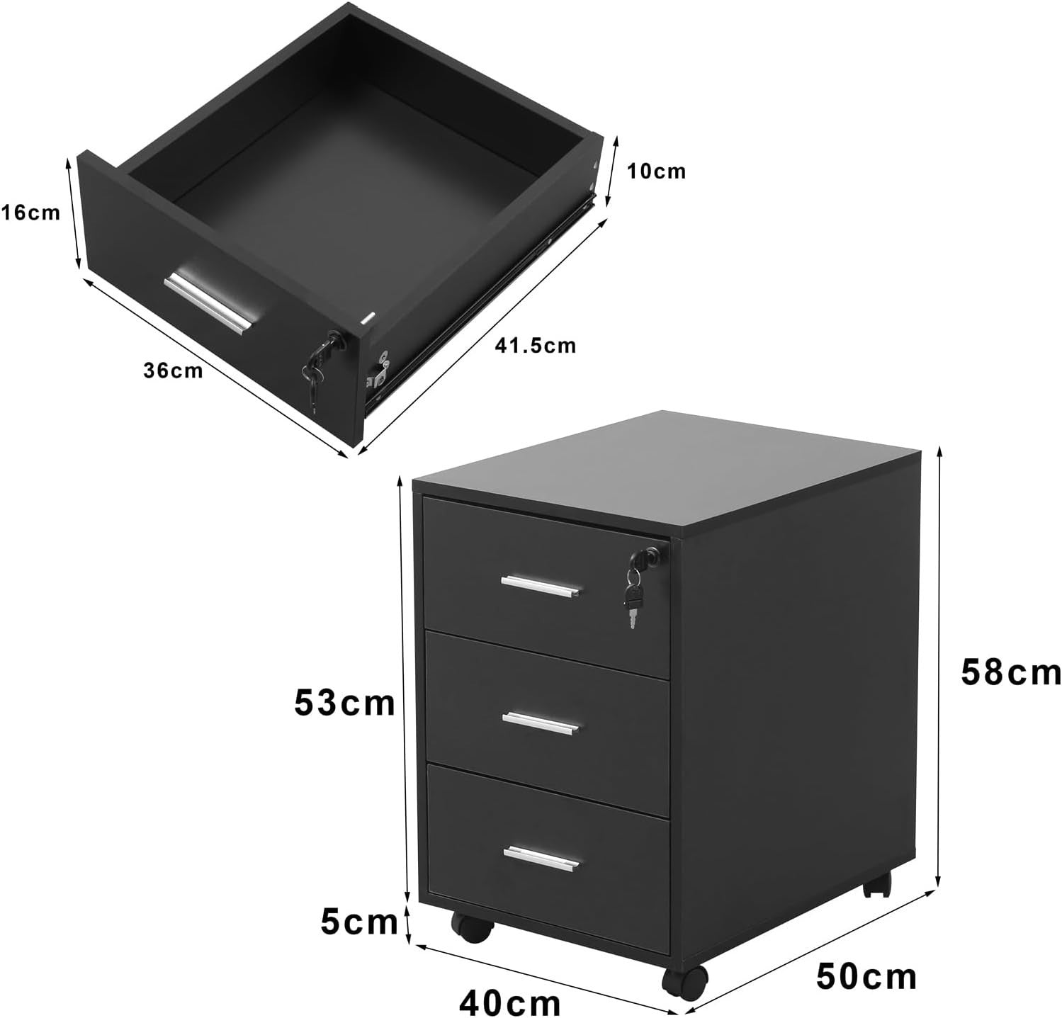 Black Locking Rolling Drawer Cabinet 3 Tier Under Desk File Storage