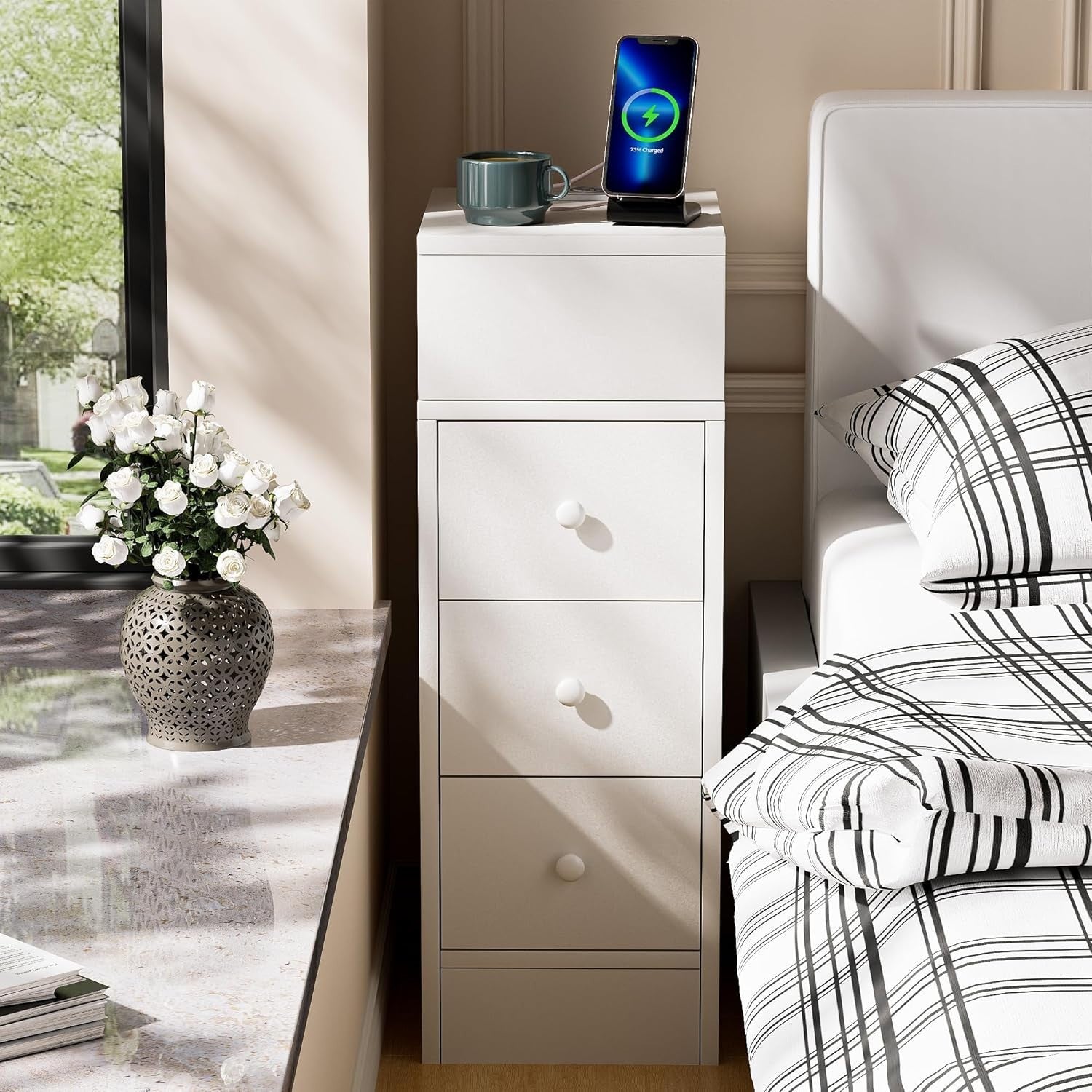 Slim White 3 Drawer Bedside Table with Charging Station | Modern Bedroom Storage