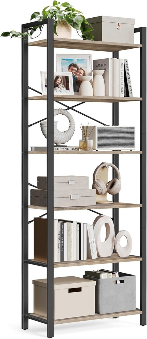 6-Tier Industrial Bookshelf 186cm Tall Wide Storage Unit Heather Greige