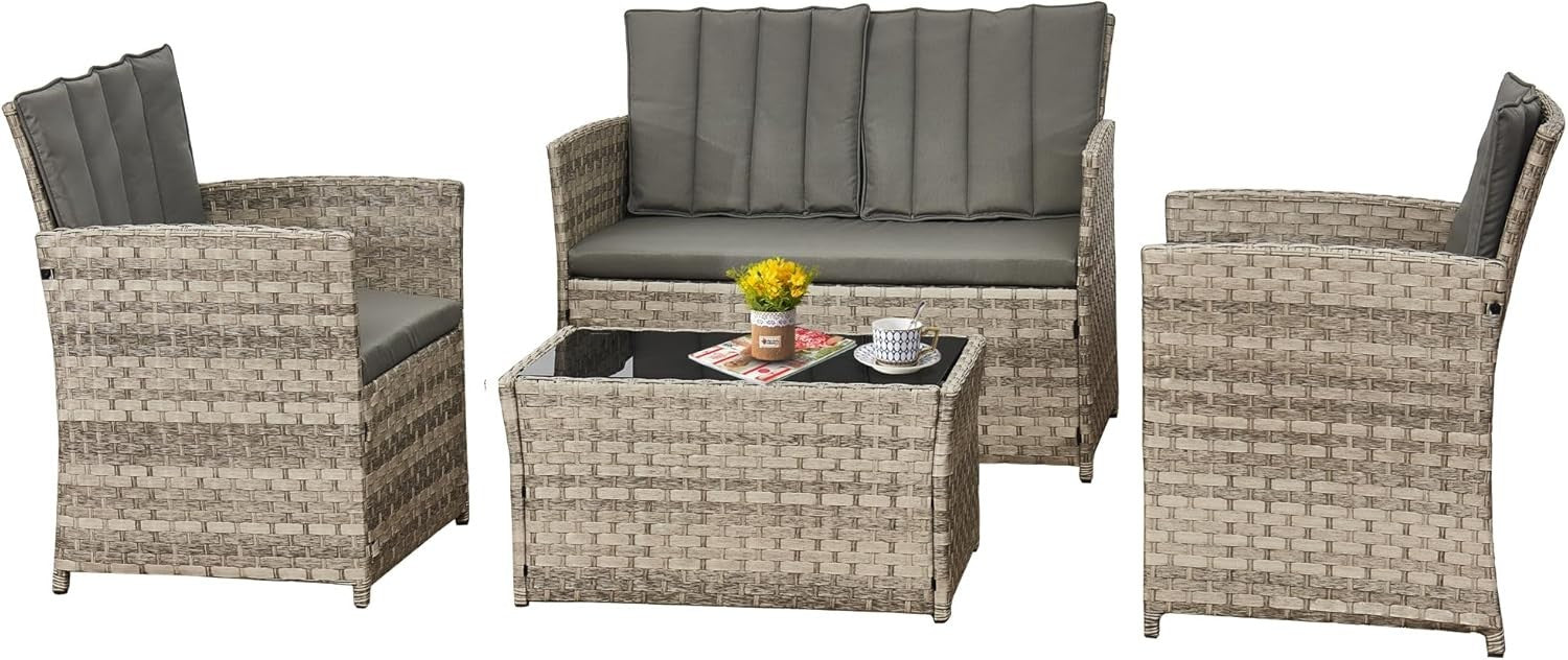 4PC Rattan Garden Furniture Set Outdoor Sofa Chairs Table Grey Cushions