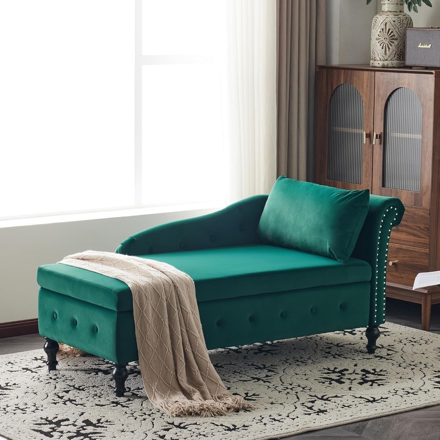 Velvet Chaise Lounge Sofa with Storage Button-Tufted Curved Armrest Green