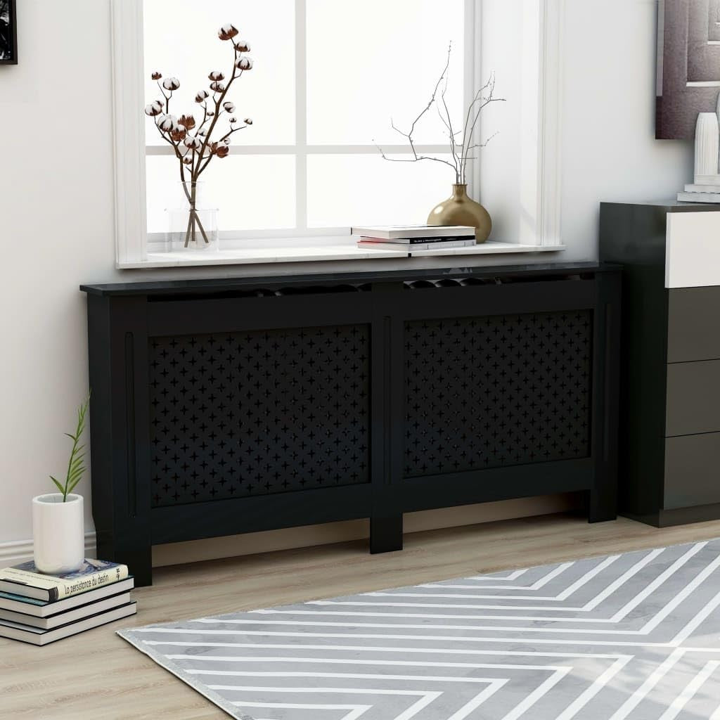 Black Radiator Cover Cabinet | Modern MDF Slatted Design | 172x19x81cm