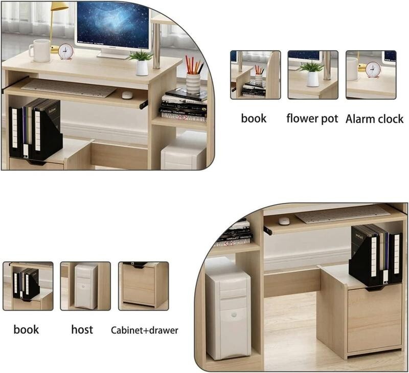Compact Wooden Computer Desk 80cm with Keyboard Tray & Storage Shelves
