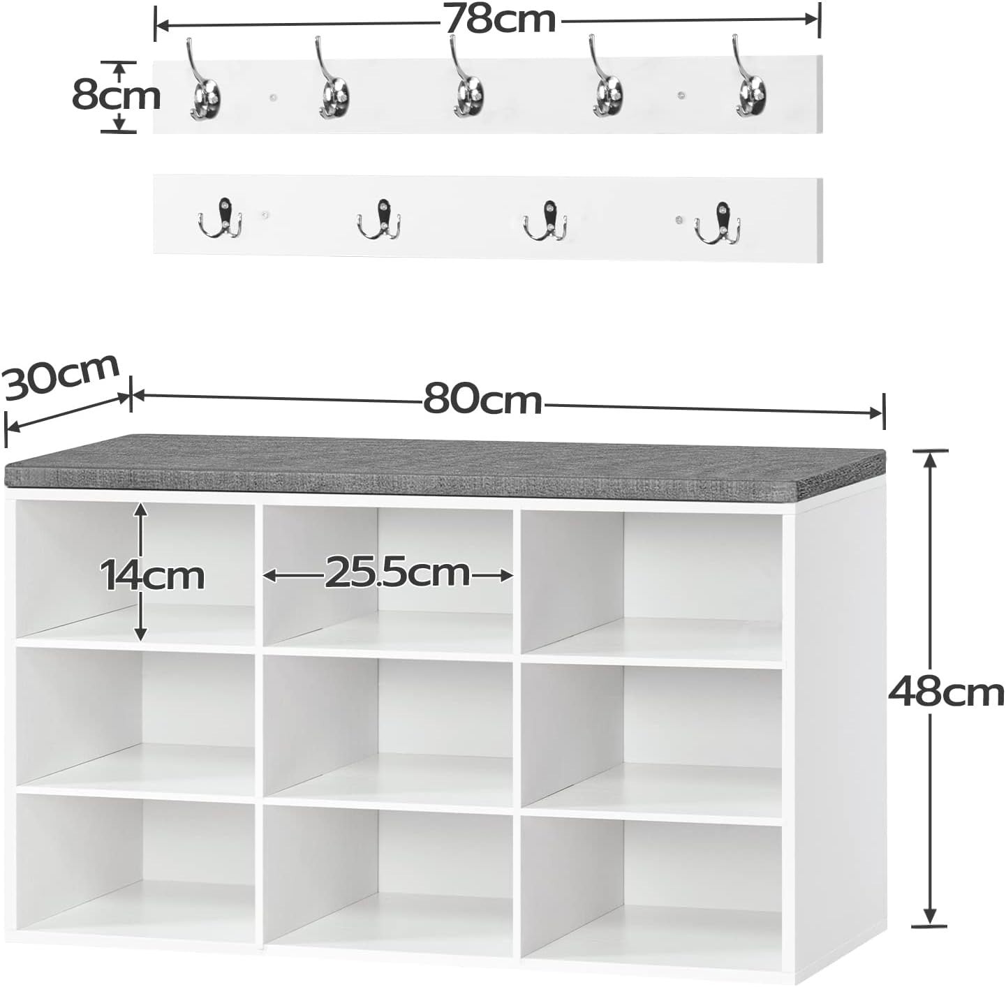 Shoe Storage Bench with Cushion & Hooks, 9 Cubbies, 80cm Hallway Unit