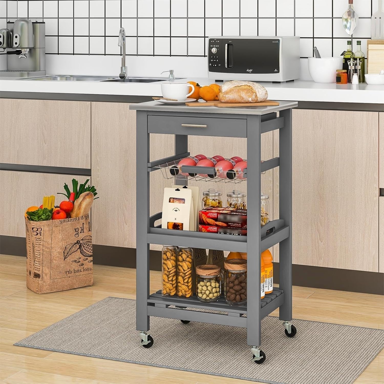 Kitchen Trolley on Wheels w/ Stainless Steel Top Drawer