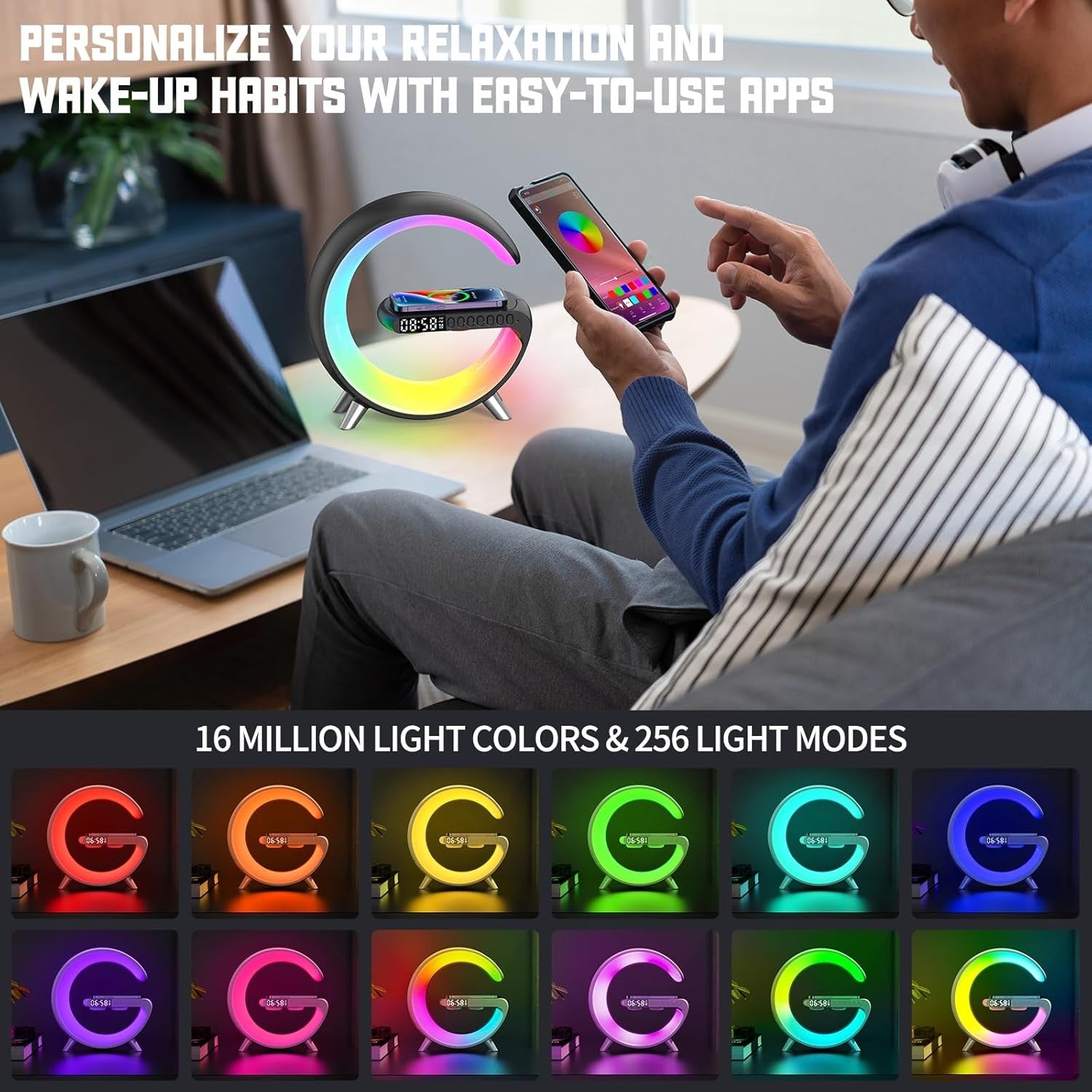 Smart LED Table Lamp Wireless Charger Bluetooth Speaker Alarm Clock RGB