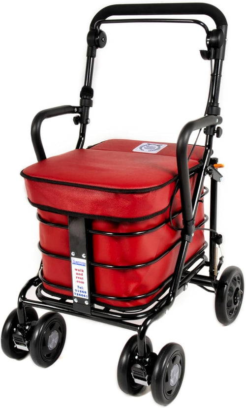 Walking Shopping Trolley with Seat Foldable Mobility Cart Stable Red