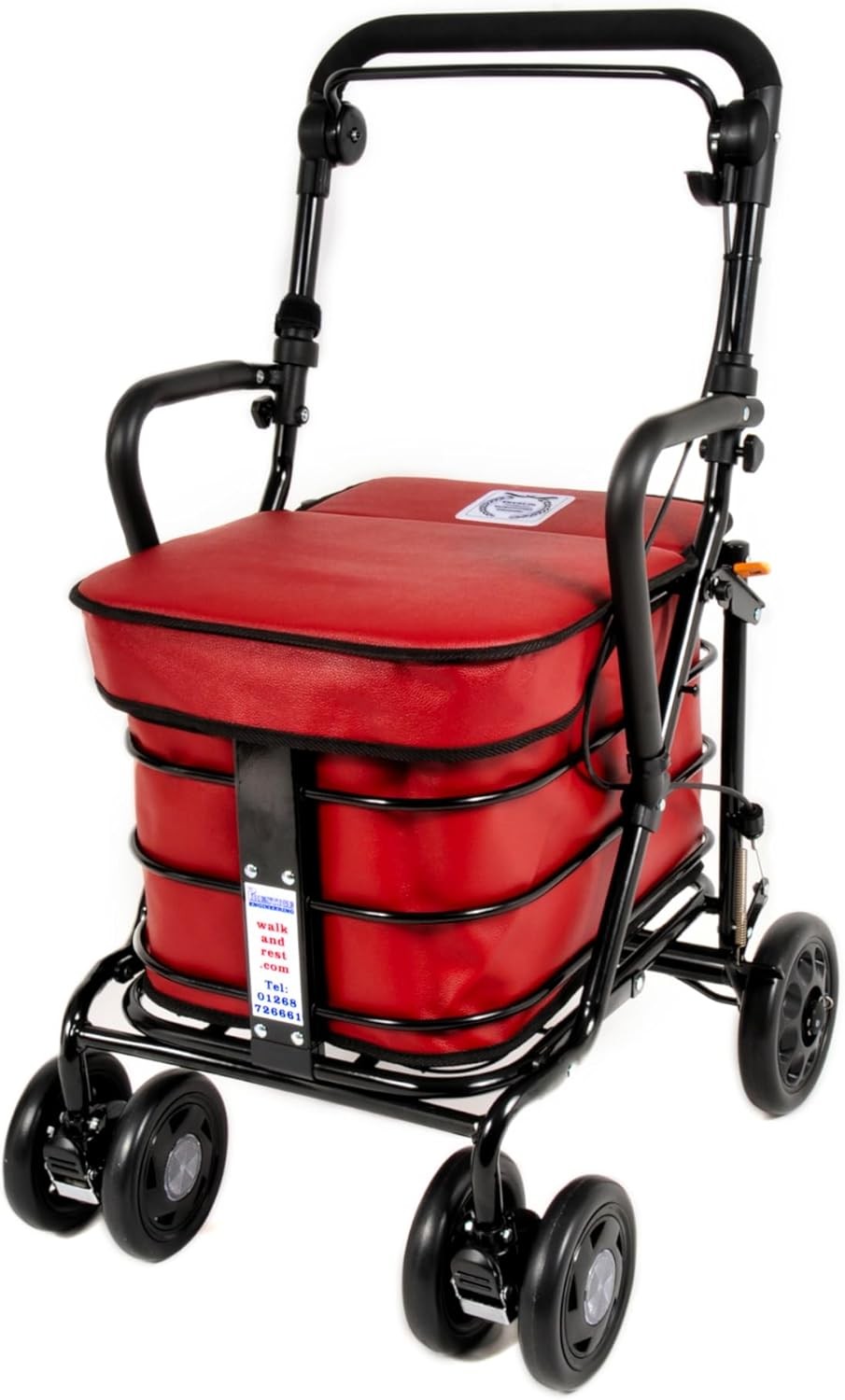 Walking Shopping Trolley with Seat Foldable Mobility Cart Stable Red