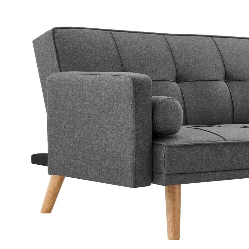 Charcoal Linen Clic Clac Sofa Bed 3 Seater Tufted Cushions & Bolster Pillows