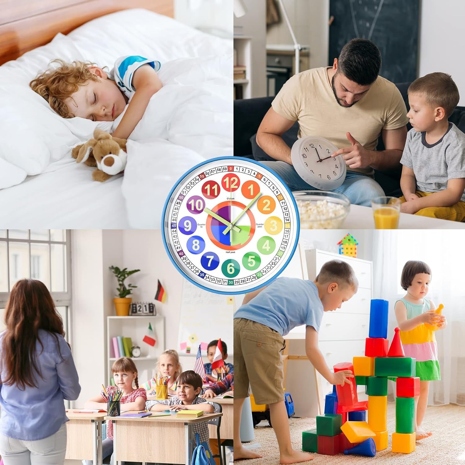 Kids Rainbow Learning Wall Clock 12" Silent Colourful Teaching Time Clock Bedroo