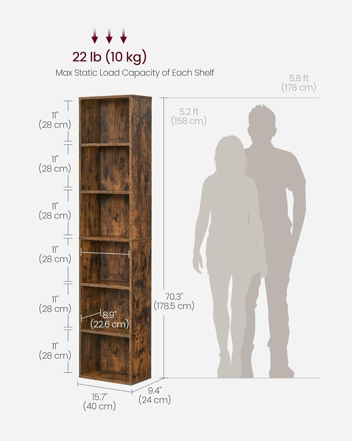 6-Tier Rustic Brown Bookcase Tall Storage Shelf Unit with Drawer for Home