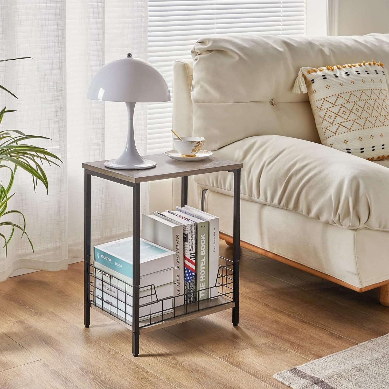 Industrial Side Table with Storage Rack – Small Nightstand, Coffee Table 40x29x5