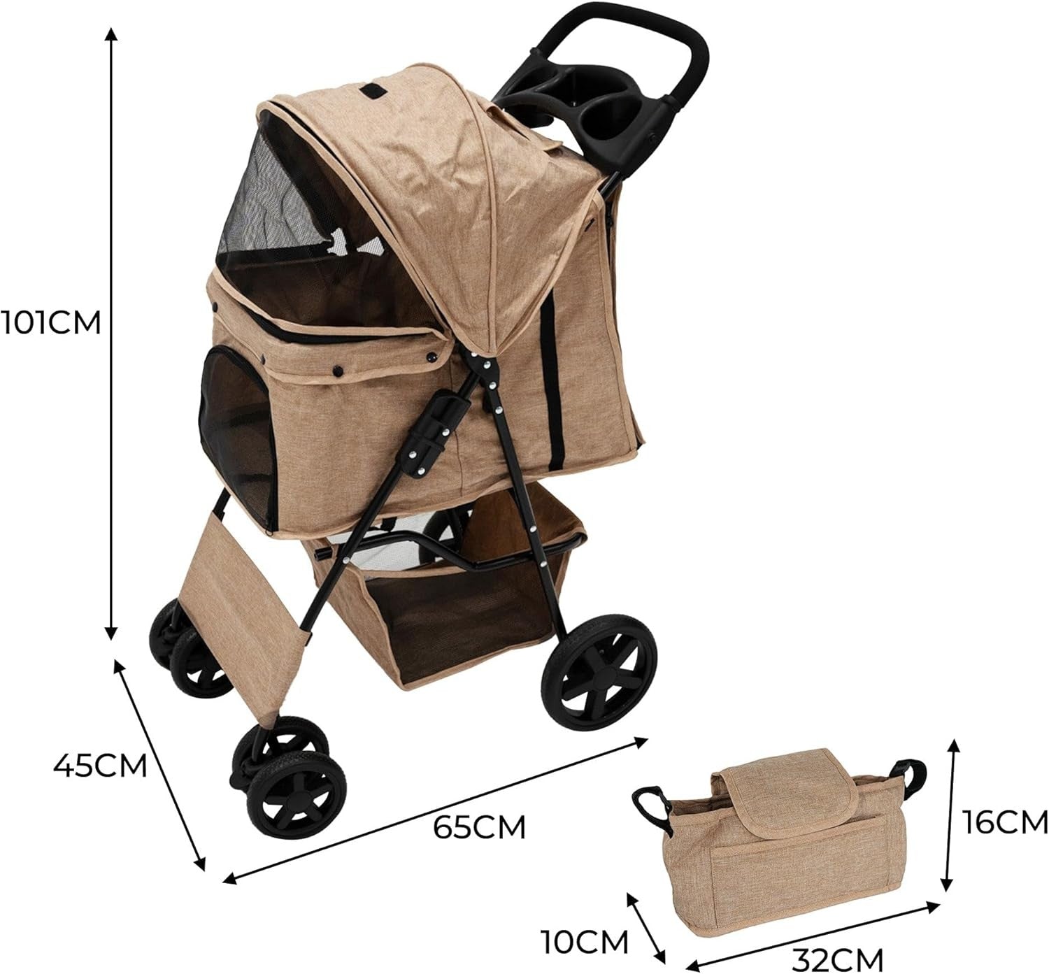 Beige Pet Stroller Pushchair with Navy Caddy Bag Foldable 15kg Travel