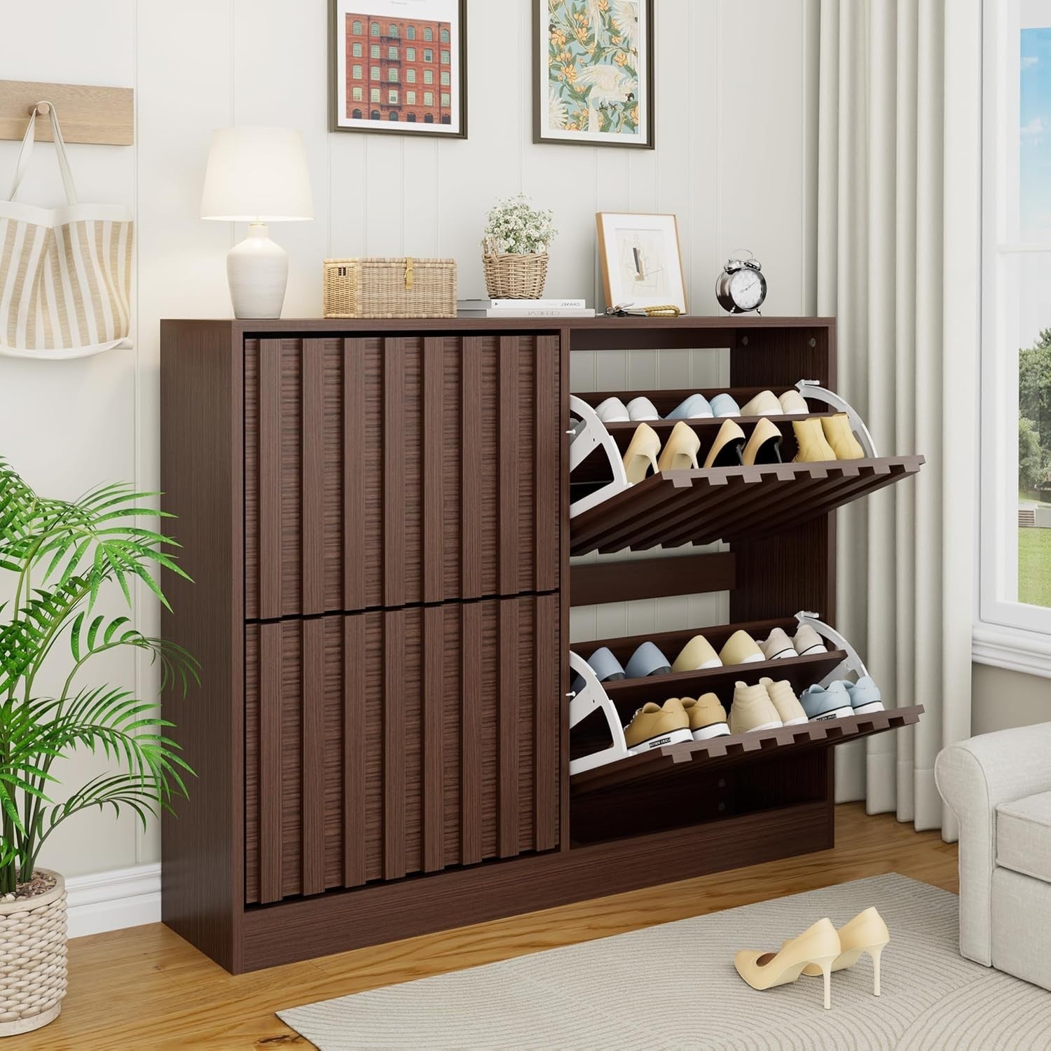 Wide Wooden Shoe Cabinet 4 Flip Drawers Ventilated Storage Modern Walnut