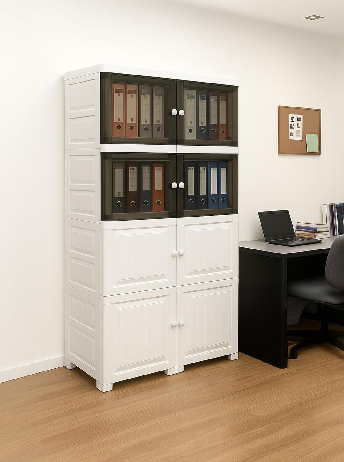 4 Tier White Plastic Storage Cabinet | Multipurpose Cupboard with Tinted Doors