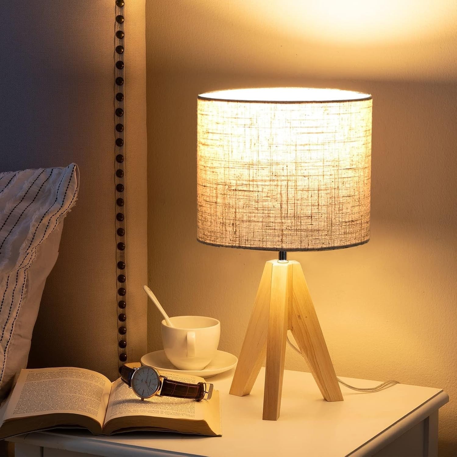 Wood Bedside Table Lamp Tripod Desk Light Linen Shade E27 Bedroom