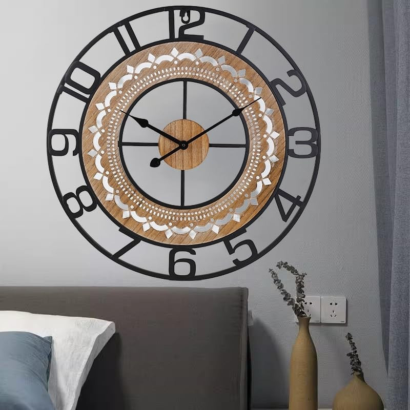 20" Vintage Metal Wall Clock Silent Non-Ticking Oversized Rustic Home Decor