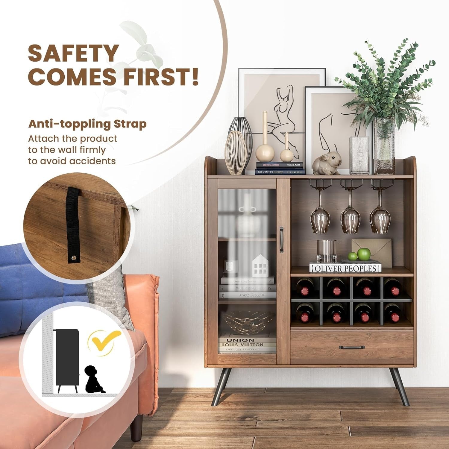 Rustic Sideboard Drinks Cabinet with Wine Rack Glass Holder Drawer Home Bar