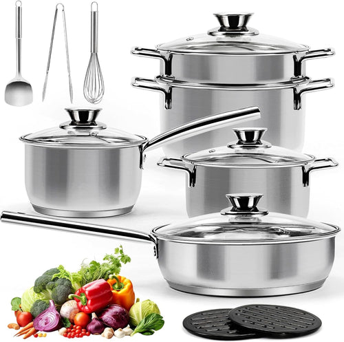 14Pcs Stainless Steel Cookware Set Pots and Pans Induction with Glass Lids