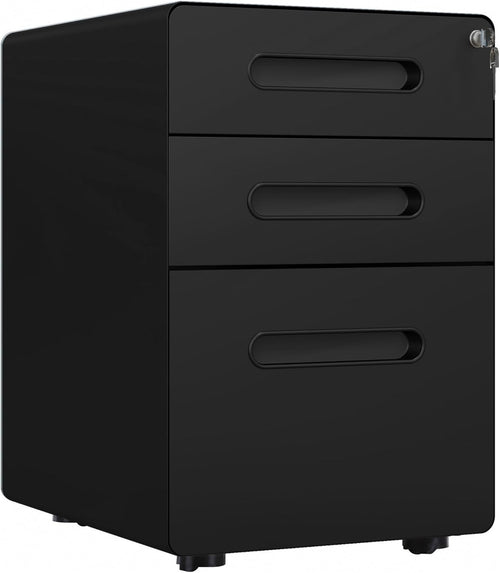 Black 3 Drawer Lockable Filing Cabinet with Wheels – A4 Vertical Office Storage