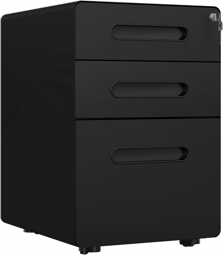 Black 3 Drawer Lockable Filing Cabinet with Wheels – A4 Vertical Office Storage