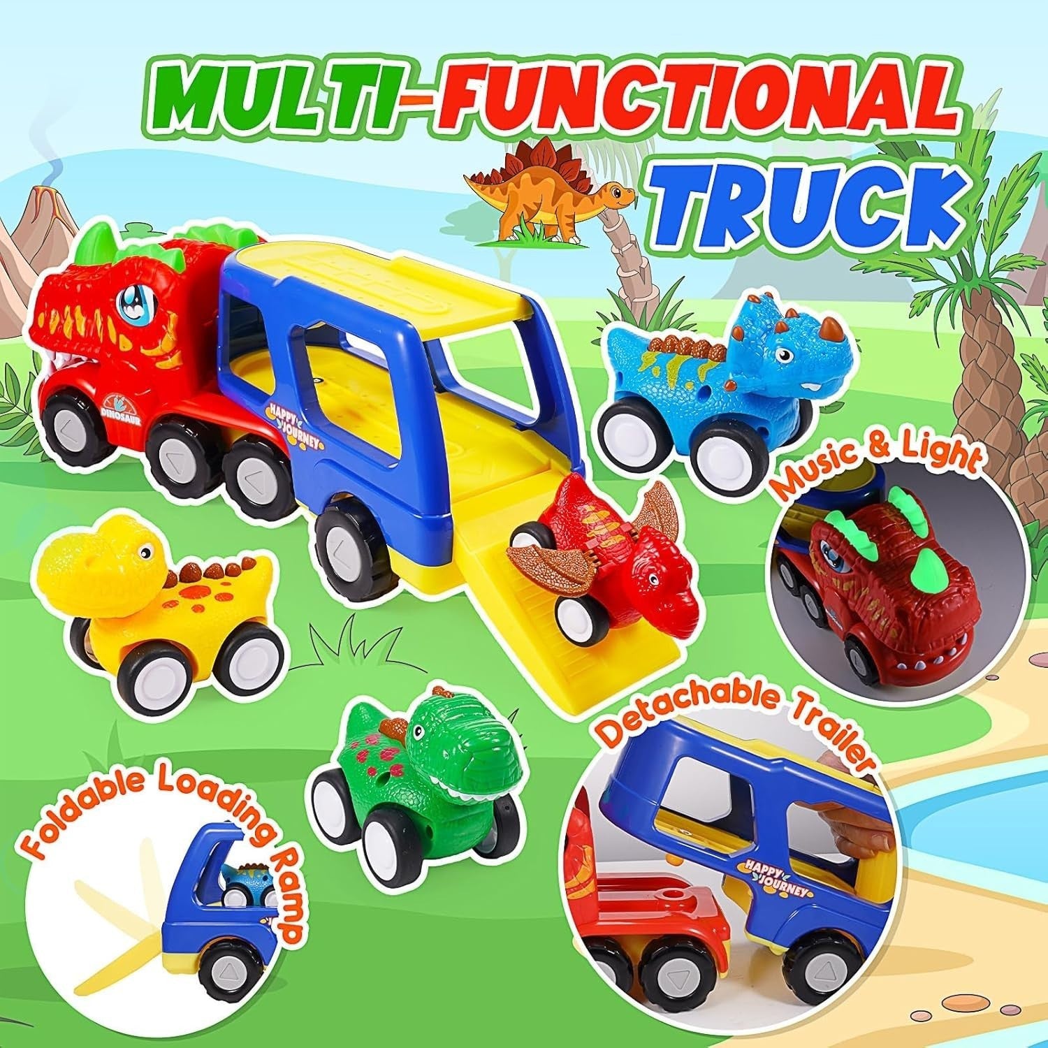 Dinosaur Truck Toys for 2 3 4 Year Old Boys with Lights & Music Gift Set
