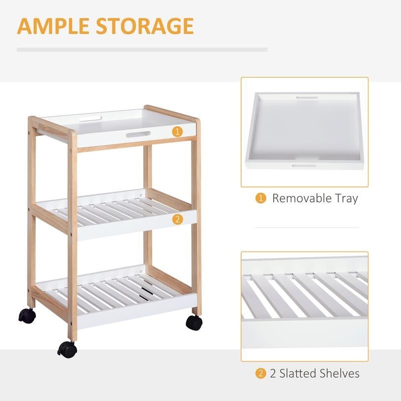 3-Tier Rolling Kitchen Trolley with Tray & Shelves – White Wood Storage