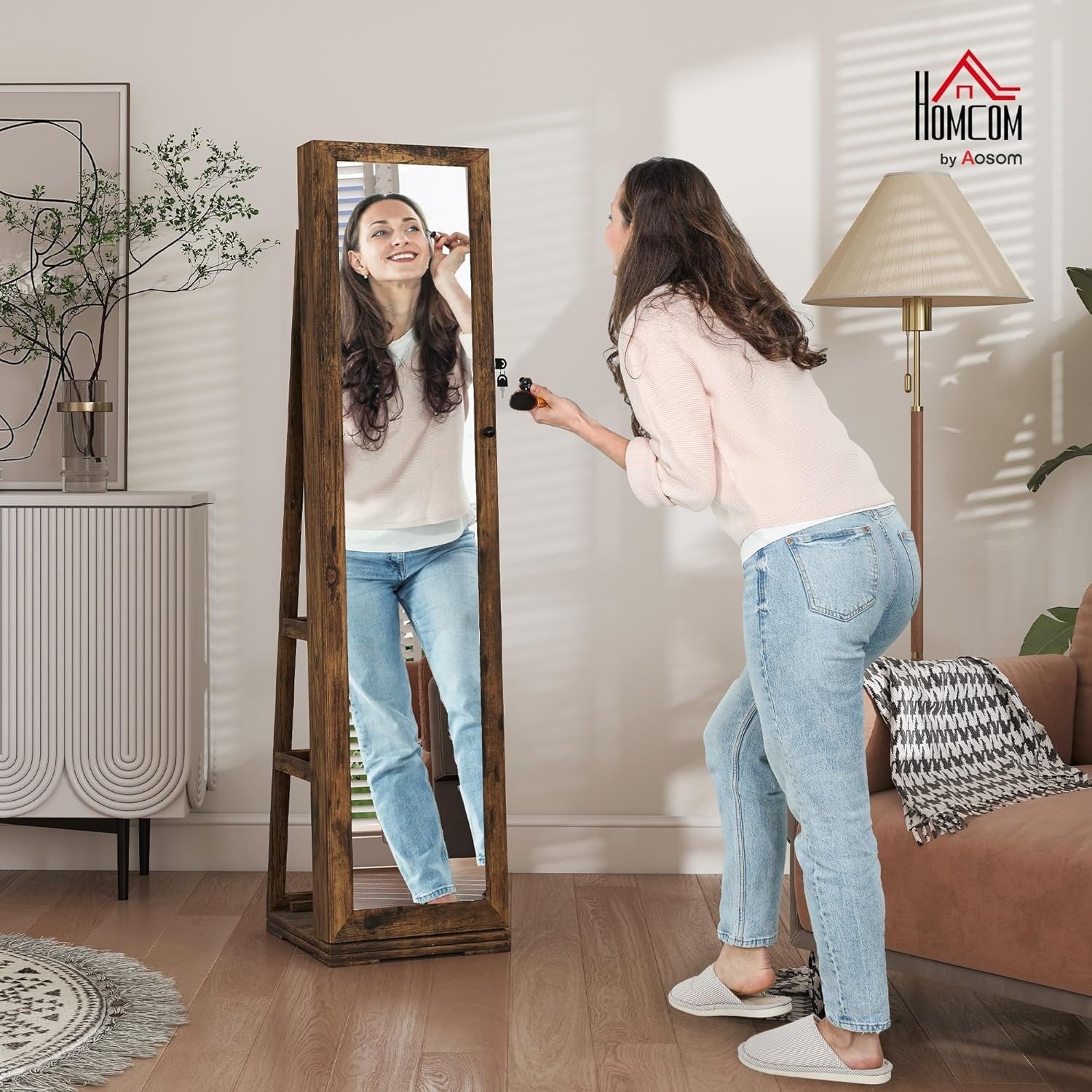 Rotating Jewelry Cabinet Full Length Mirror Lockable Freestanding Storage