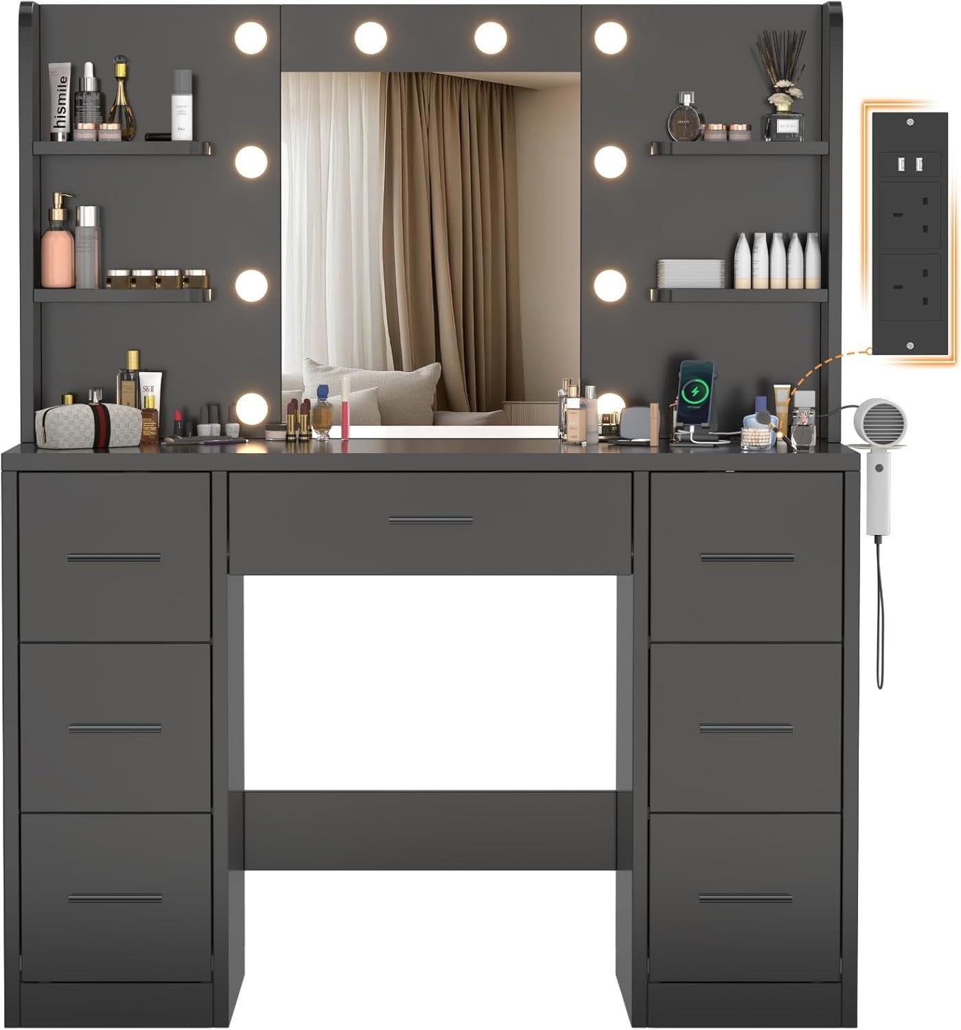 Black Modern Vanity Makeup Dressing Table Desk w/ Mirror LED Lights Power Outlet