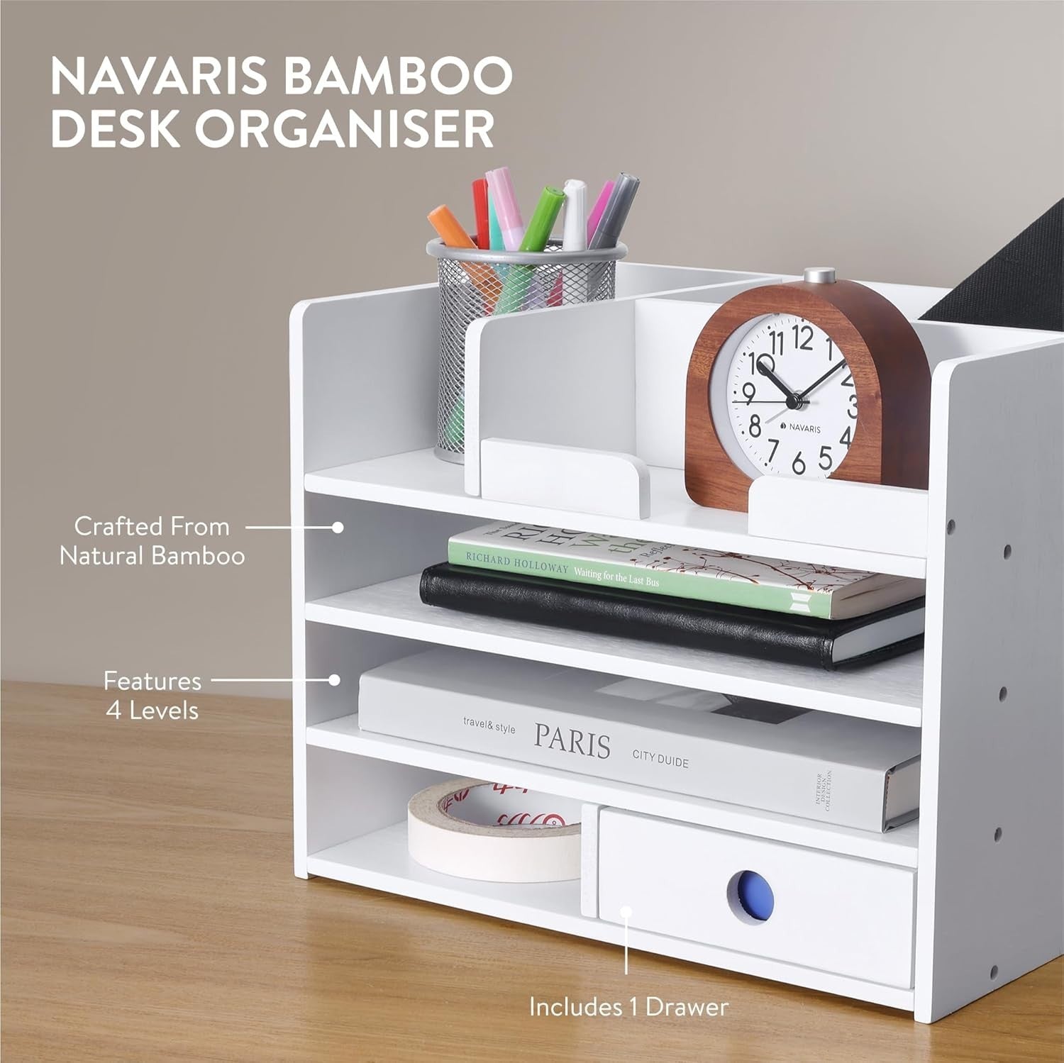 Bamboo Desk Organiser with 7 Drawers & Compartments for Office & Stationery