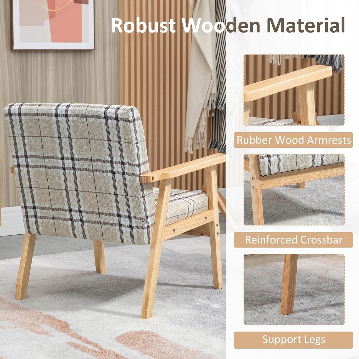 Modern Beige Linen Armchair with Rubberwood Frame – Comfortable 1-Seater Sofa