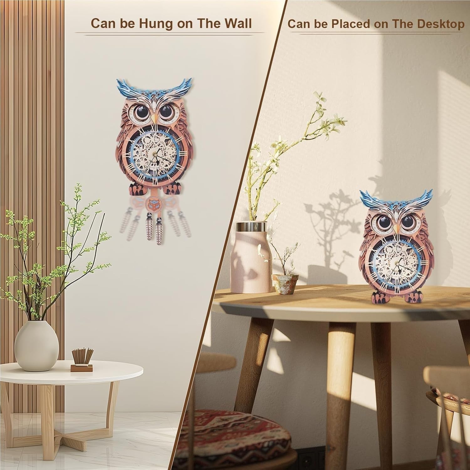 Silent Wooden Owl 3D Puzzle Clock with Pendulum - DIY Wall Decor 21x43cm
