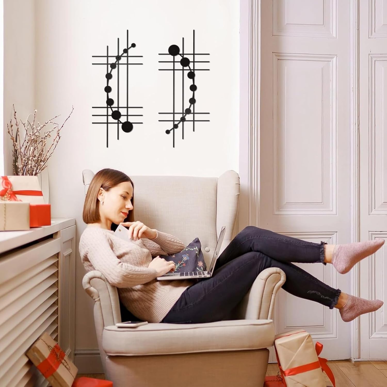 Modern Abstract Metal Wall Art Set Minimalist Geometric Hanging Black
