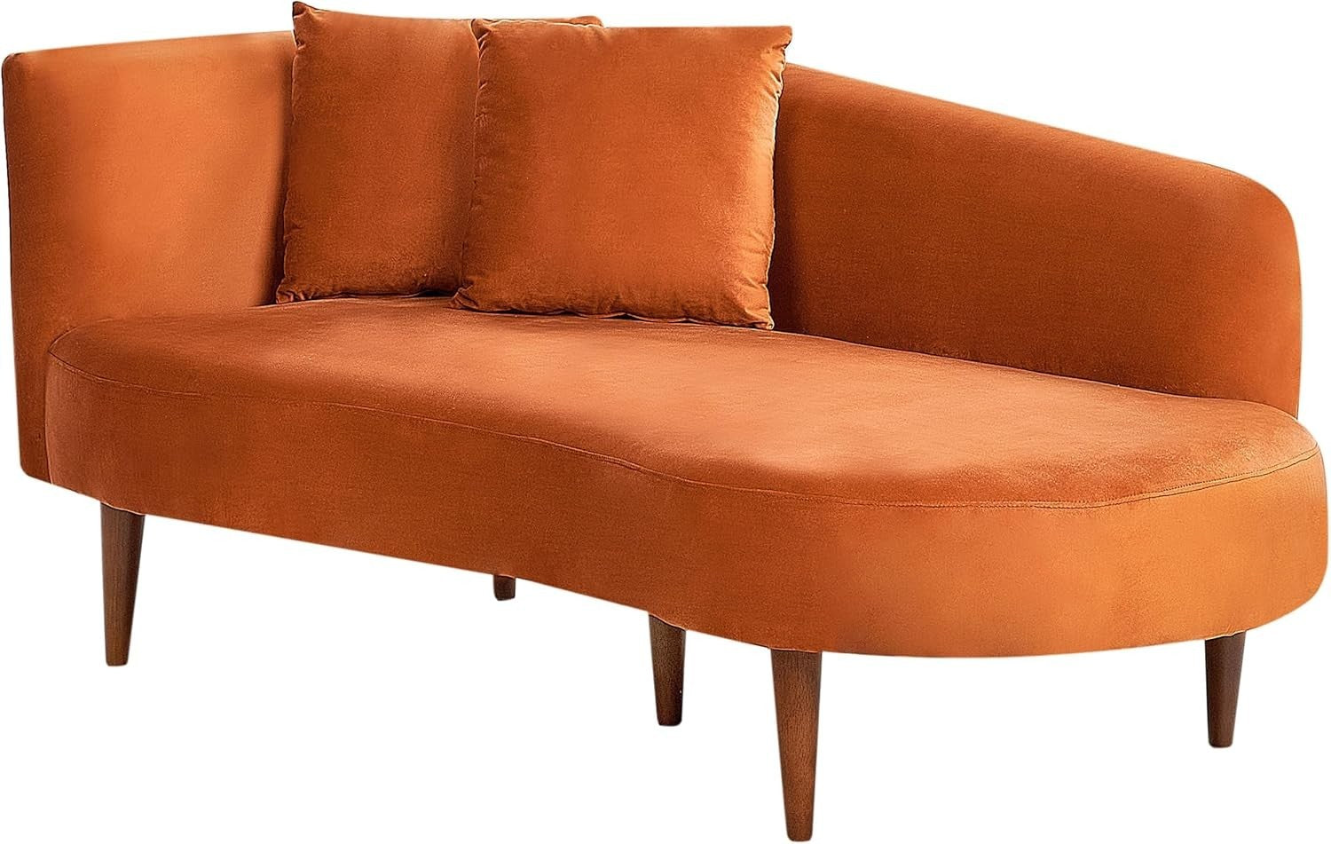 Modern Left Hand Velvet Chaise Lounge Orange with Dark Wood Legs & Pillows