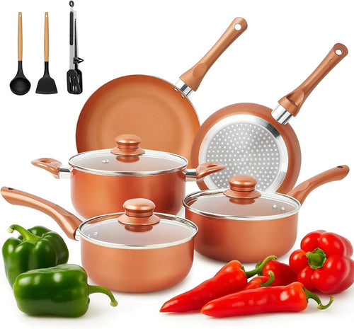 11pcs Copper Non Stick Cookware Set Induction Pots & Pans Dishwasher Safe