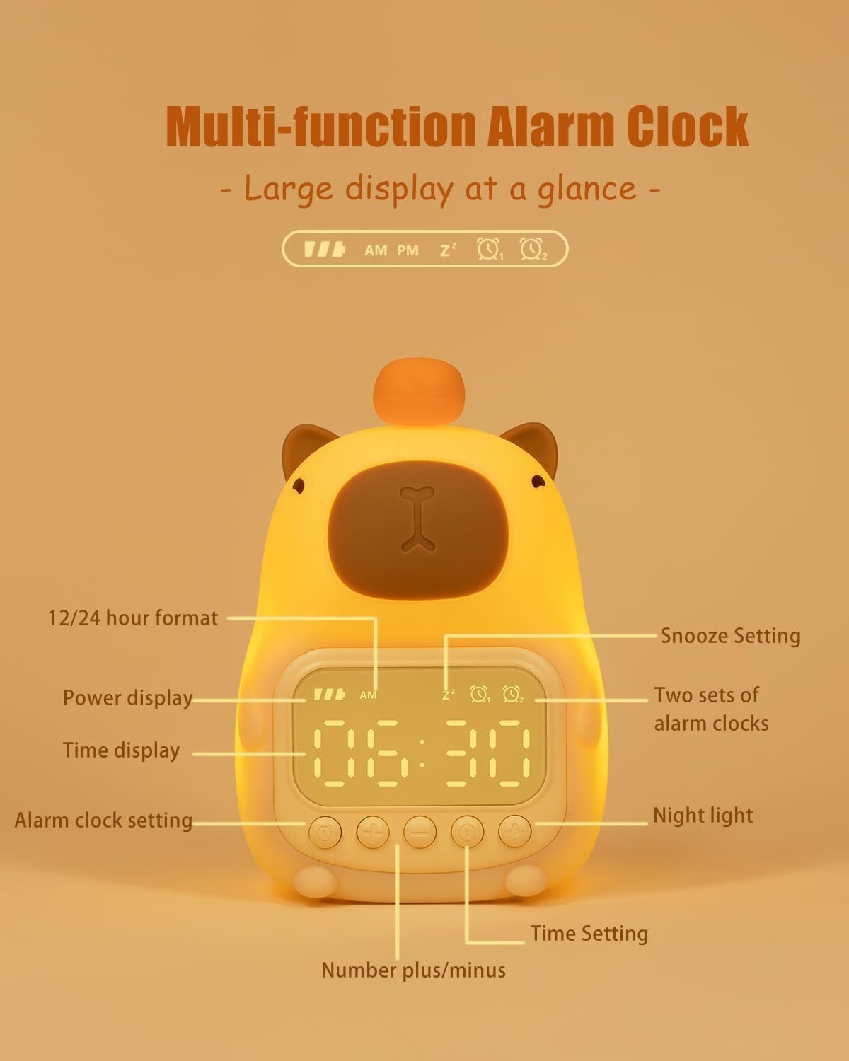 Cute Capybara Night Light Alarm Clock | Rechargeable Table Lamp for Kids & Teens