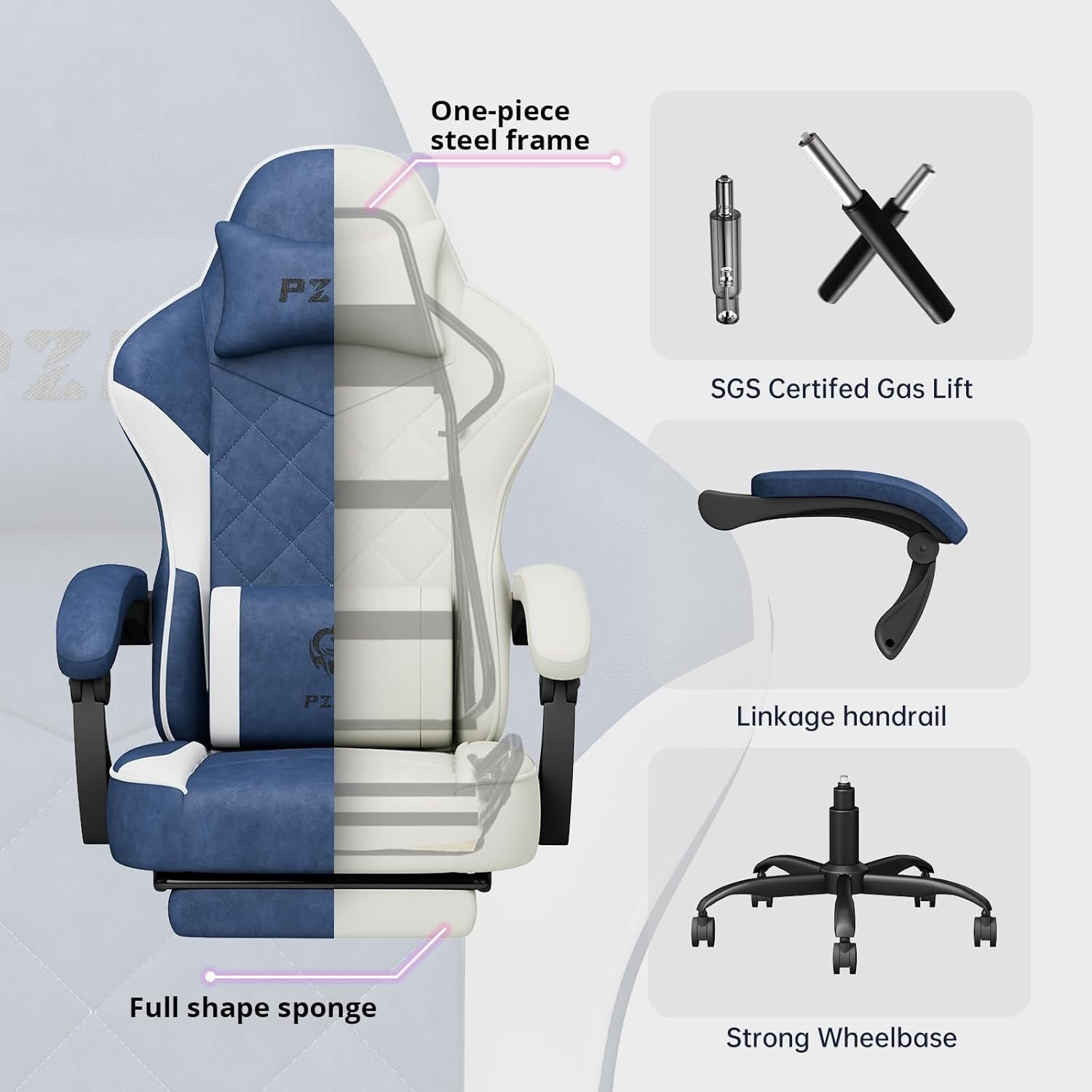 Ergonomic Gaming Chair Wide Seat Reclining Footrest Memory Foam Blue Adults
