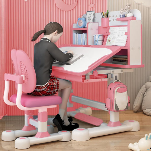 Adjustable Kids Desk & Chair Set with Tilt Top & Drawer – Pink Study Table