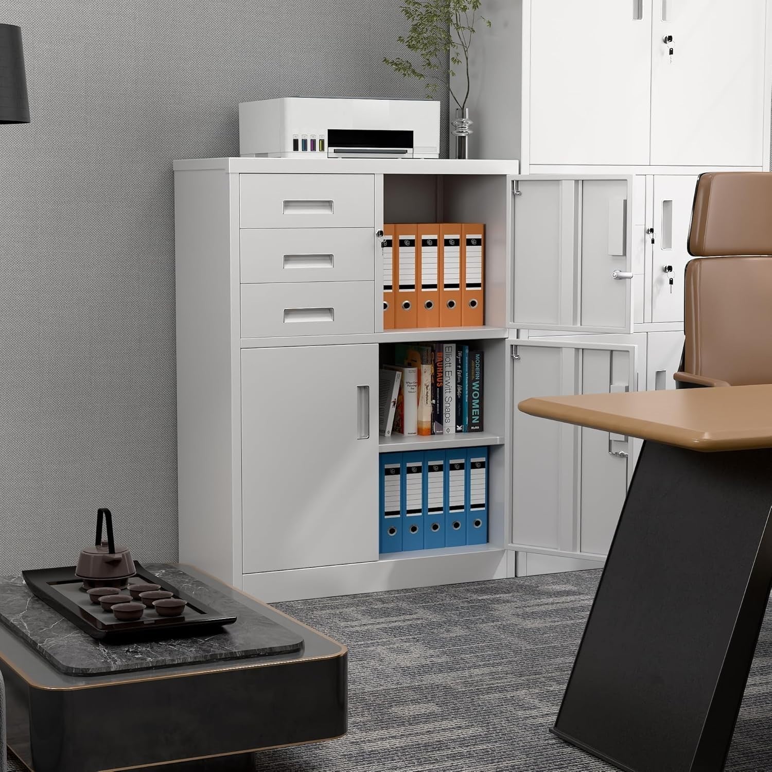 Steel Storage Cabinet with 3 Locking Doors & Drawers 110x80x40cm for Office