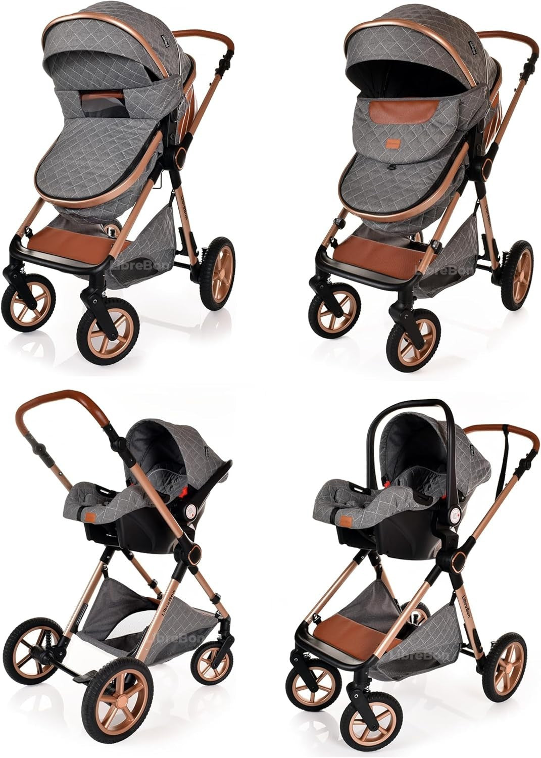 Luxury 3in1 Baby Pram Pushchair Car Seat Foldable Rose Gold Grey