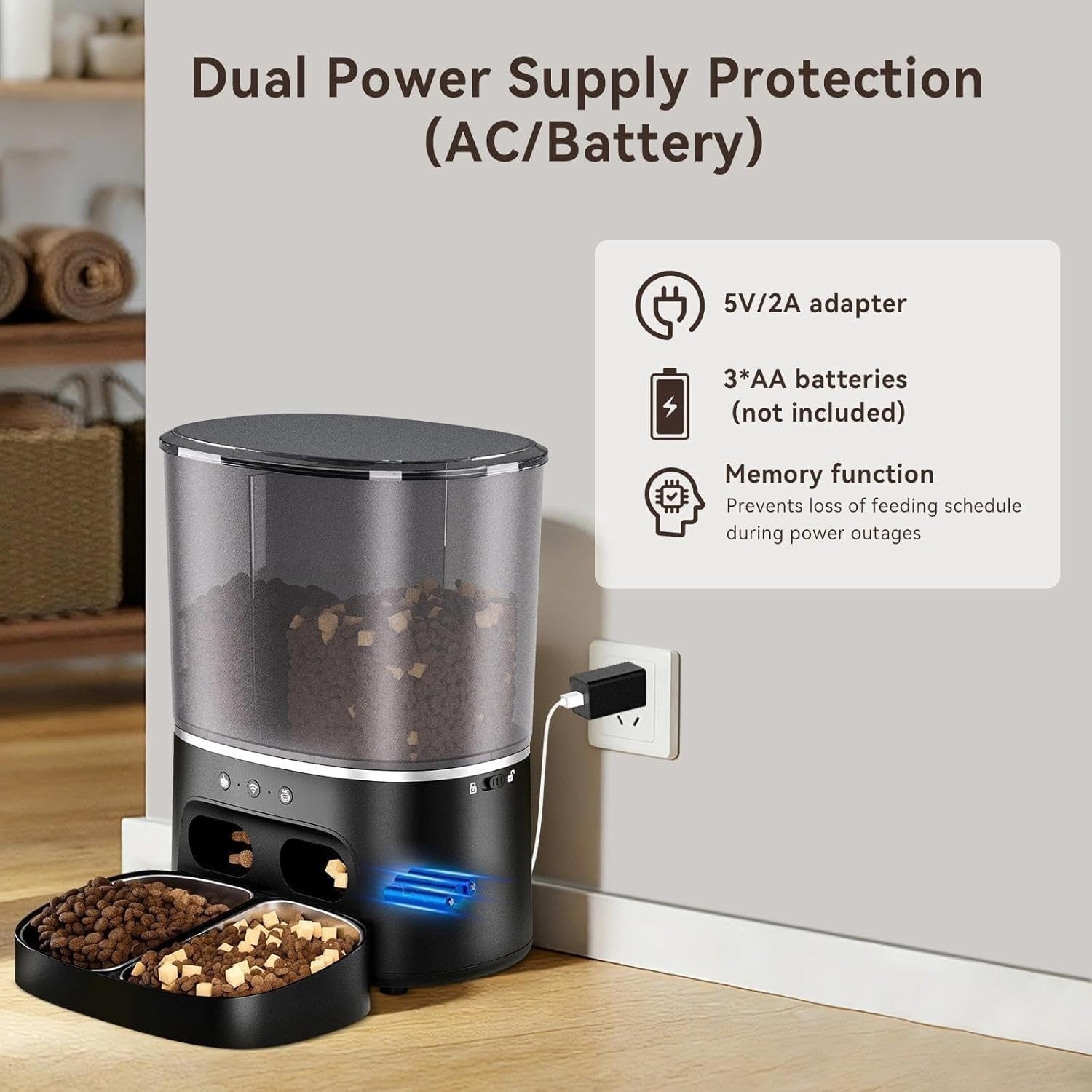 8L Automatic Cat Feeder 2 Bowls WiFi App Control Timer Food Dispenser