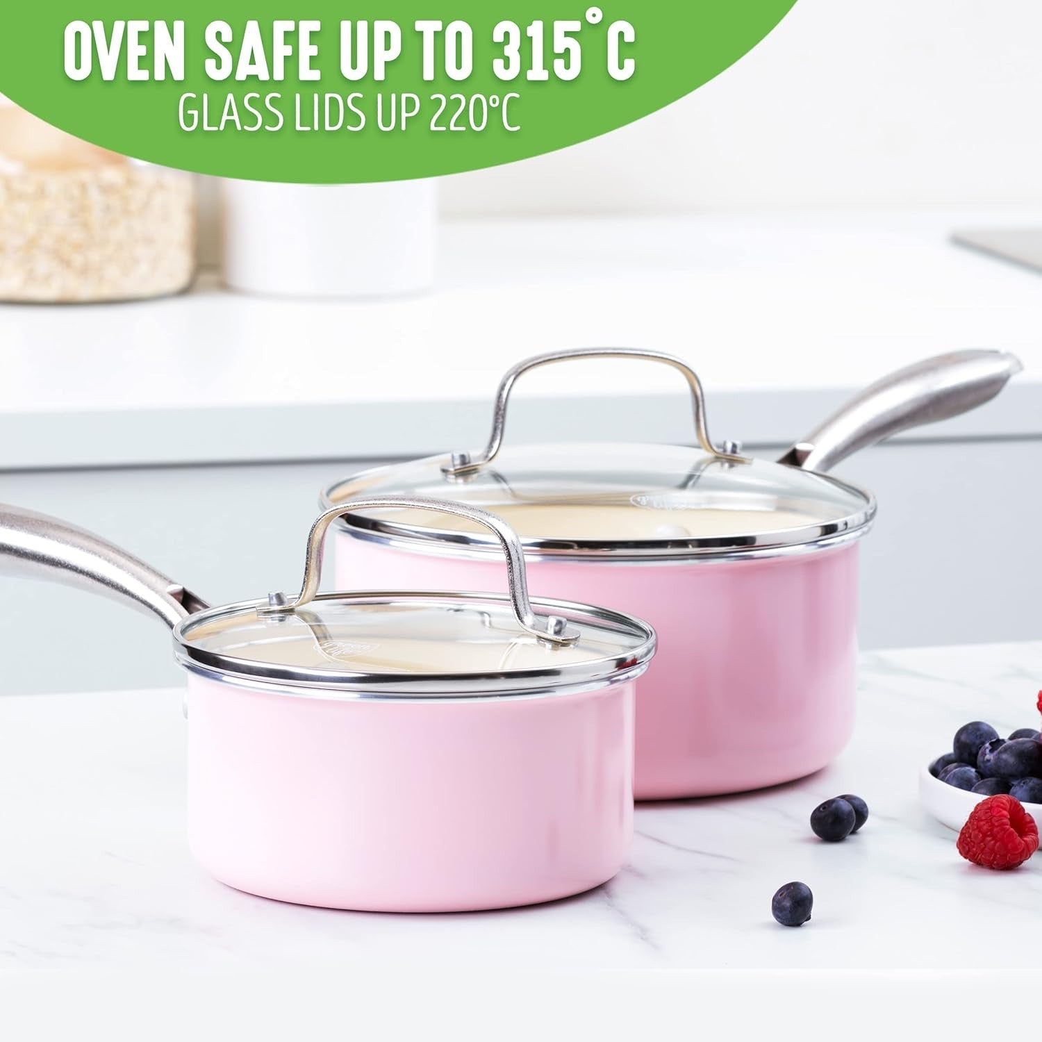2Pcs Pink Ceramic Saucepan Set Non Stick 14cm 18cm With Lids Induction PFAS Free