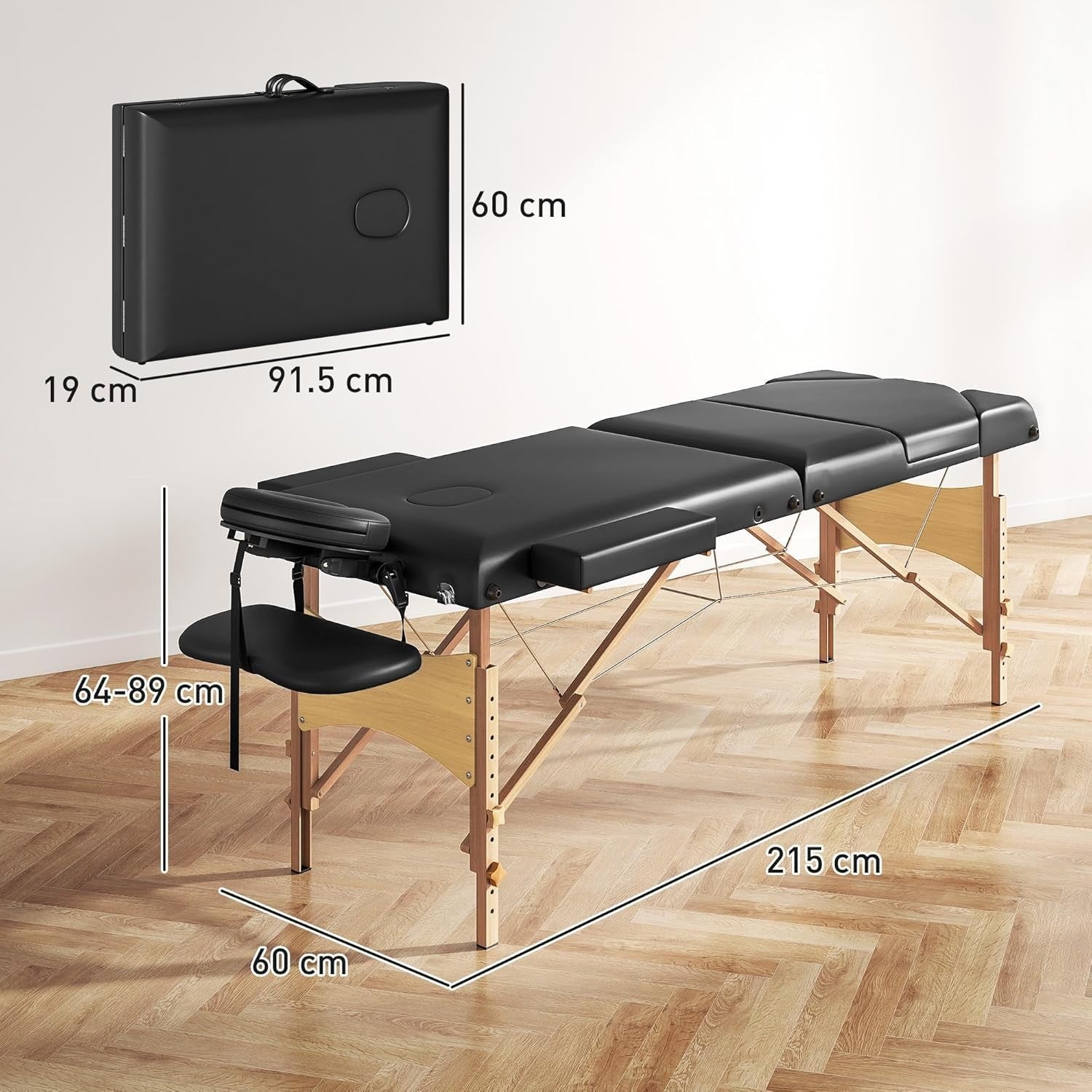 Portable 3-Section Massage Table Adjustable Wooden Beauty Bed w/ Face Cradle