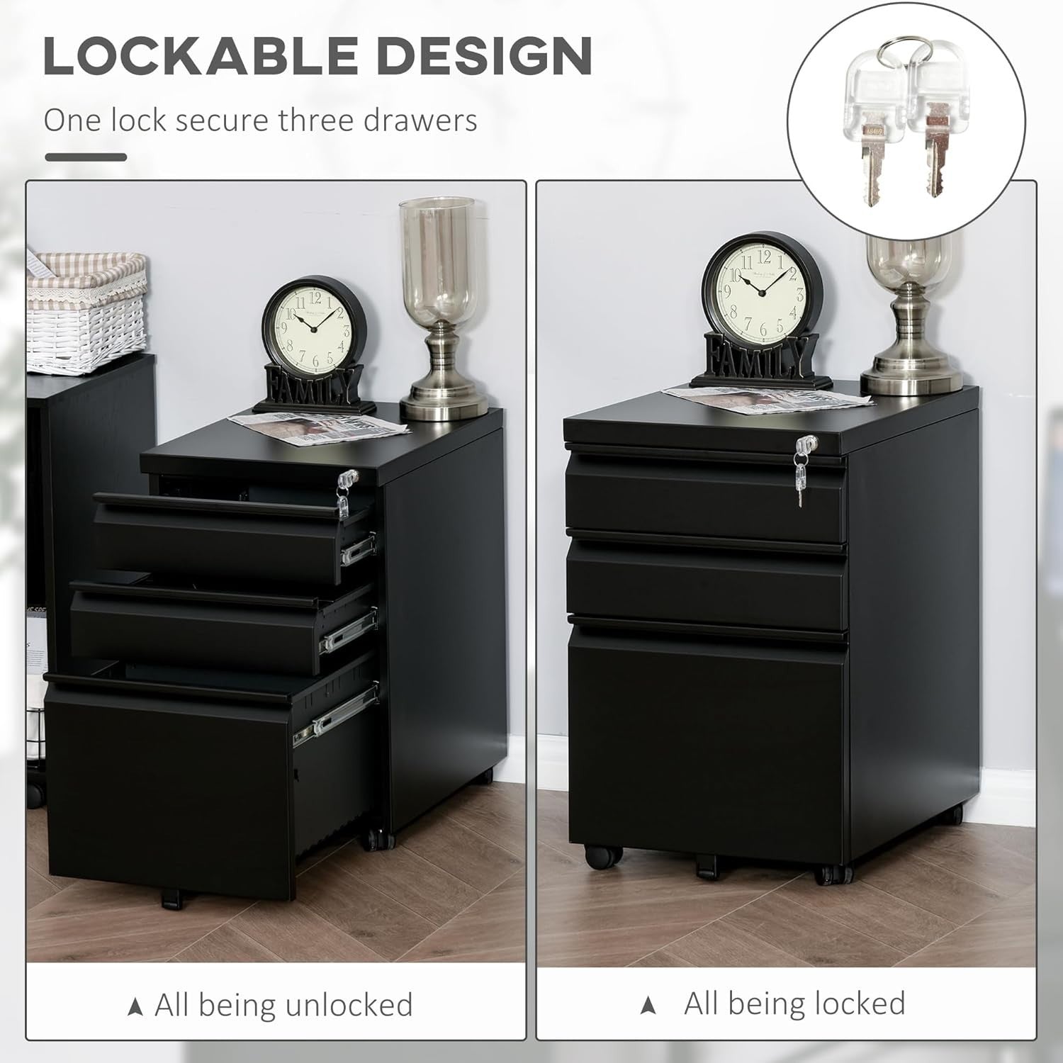 3 Drawer Mobile Filing Cabinet with Lock Under Desk Office Storage Black