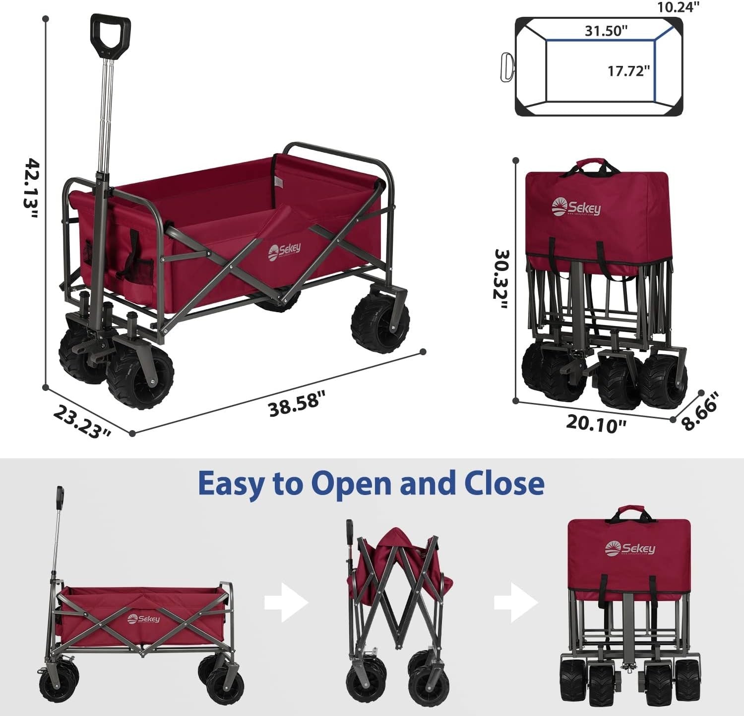 Red 440lb Heavy Duty Folding Wagon Trolley w/ Wide All-Terrain Wheels & Brake