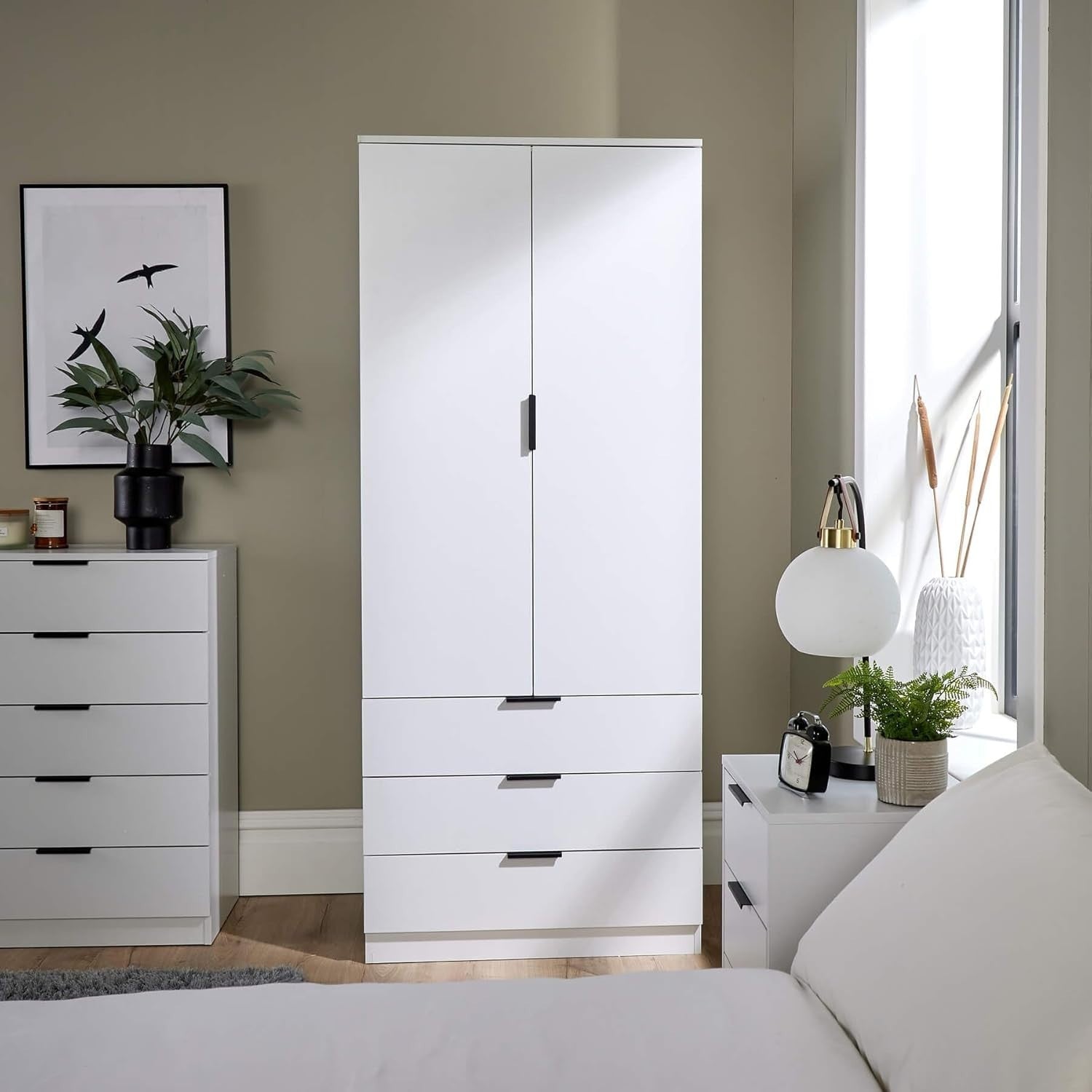 White 2 Door Wardrobe with 3 Drawers & Rail – Bedroom Storage Cabinet