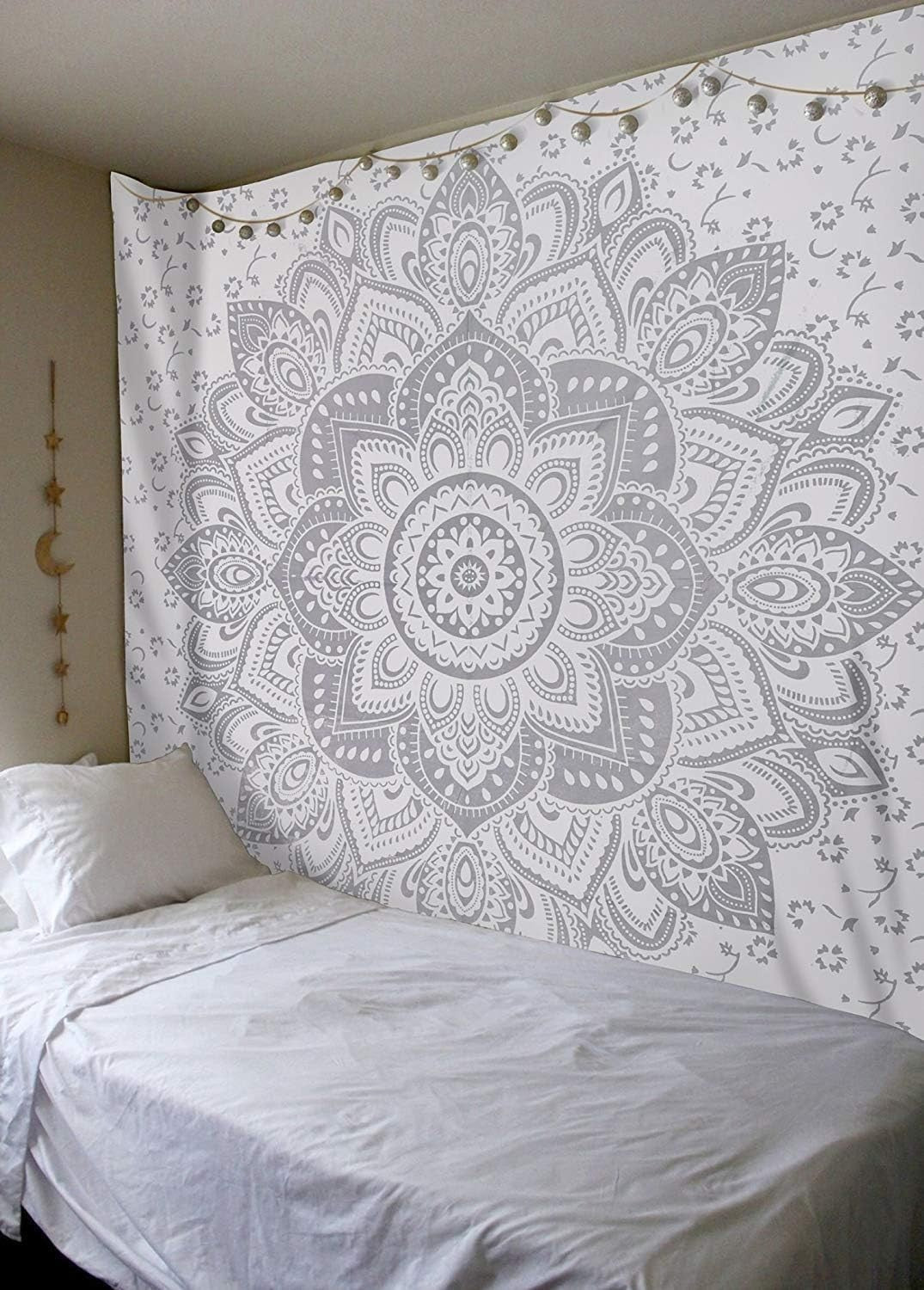 Grey Metallic Mandala Tapestry 52x60in Boho Wall Hanging Cotton