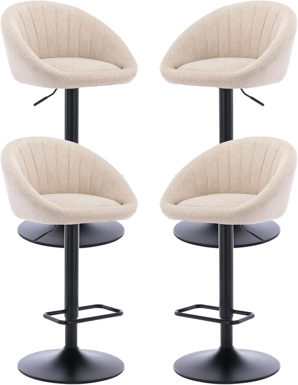 Set of 4 Beige Linen Bar Stools Adjustable Swivel Counter Chairs