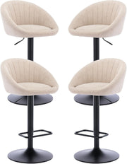 Set of 4 Beige Linen Bar Stools Adjustable Swivel Counter Chairs